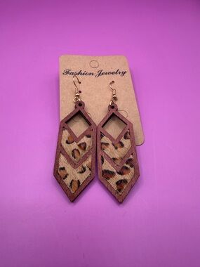 Wood with Leopard Faux Fur Chevron Drop Earrings